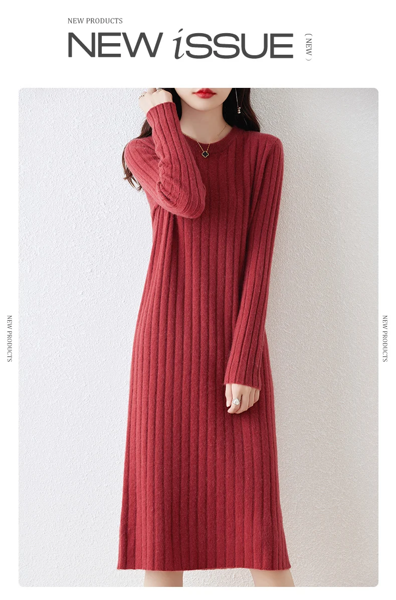 100% Pure Wool Knit Dress Women's Autumn And Winter Slim Knee-Length Dress Sweater Skirt With Bottoming Skirt