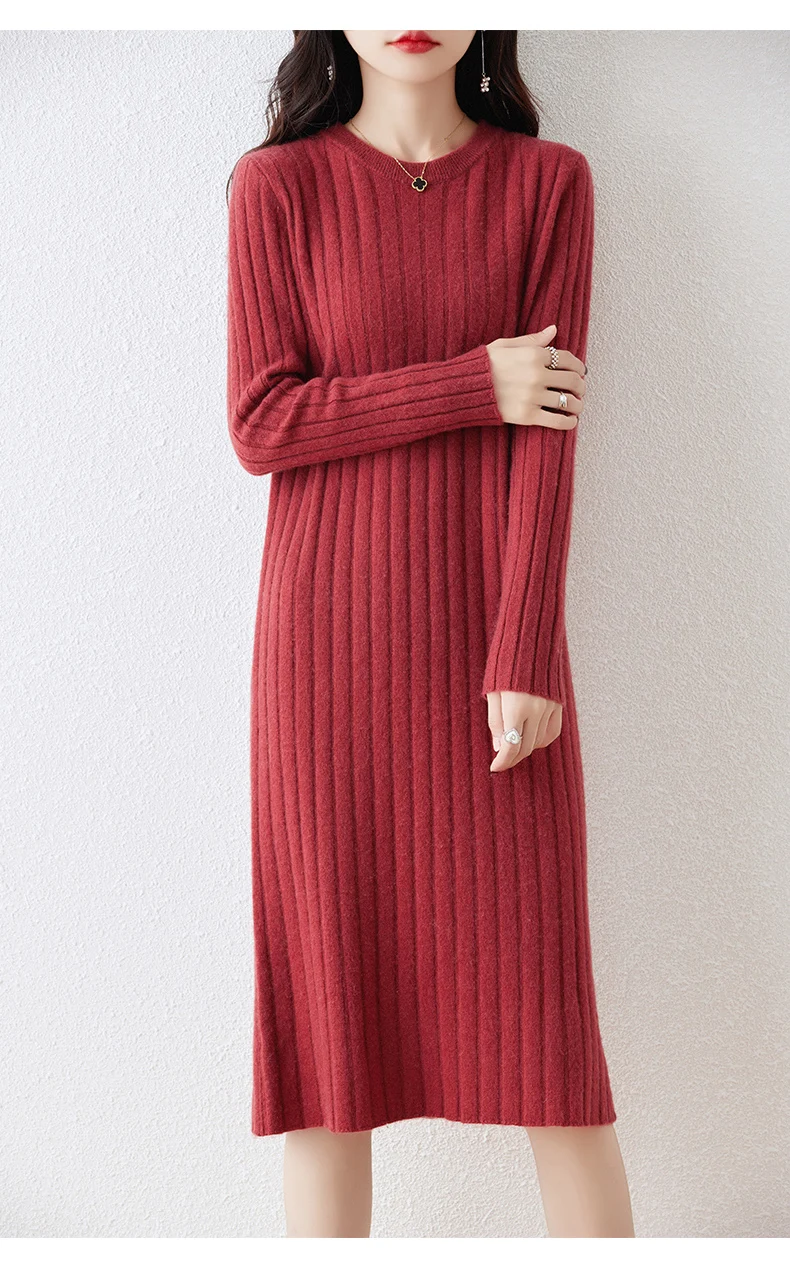 100% Pure Wool Knit Dress Women's Autumn And Winter Slim Knee-Length Dress Sweater Skirt With Bottoming Skirt