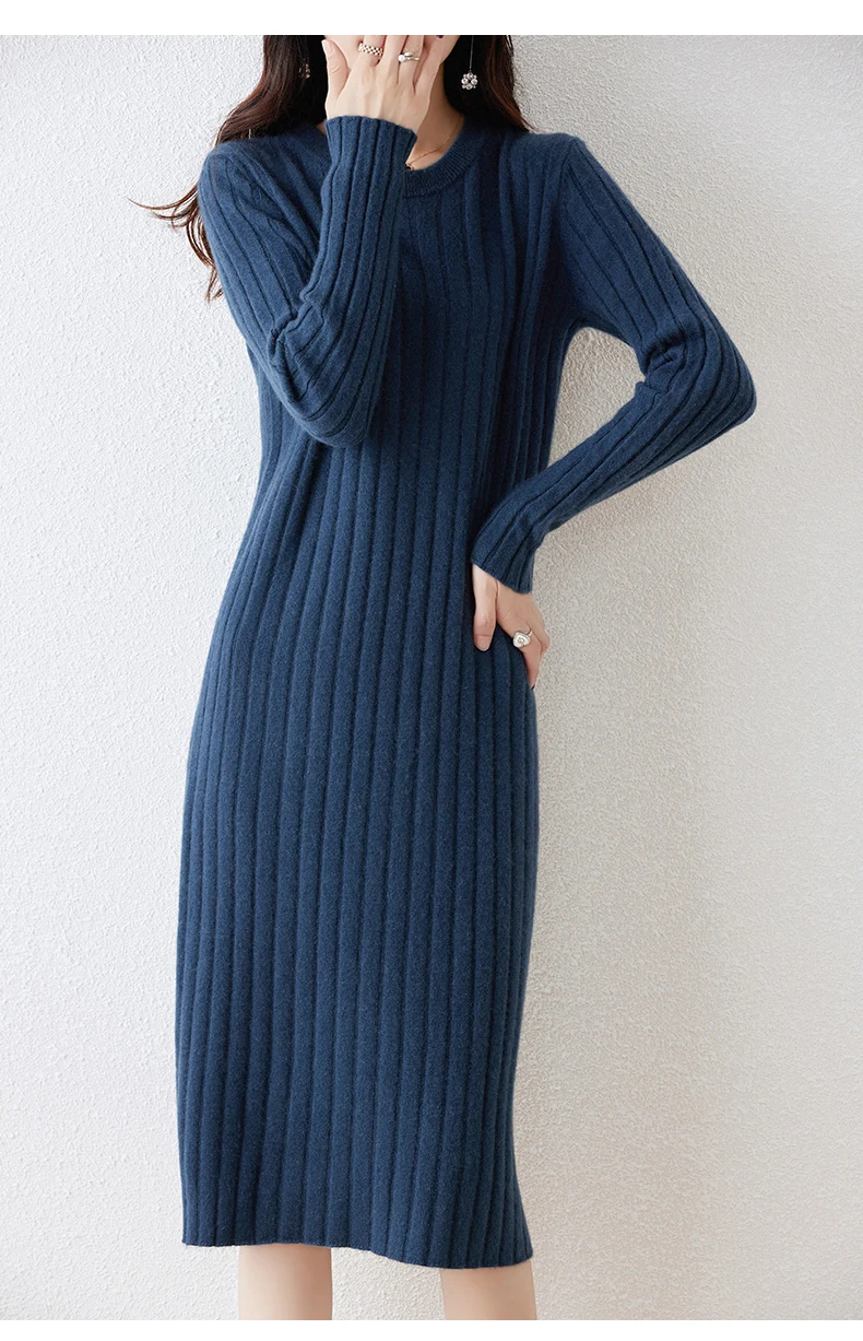 100% Pure Wool Knit Dress Women's Autumn And Winter Slim Knee-Length Dress Sweater Skirt With Bottoming Skirt