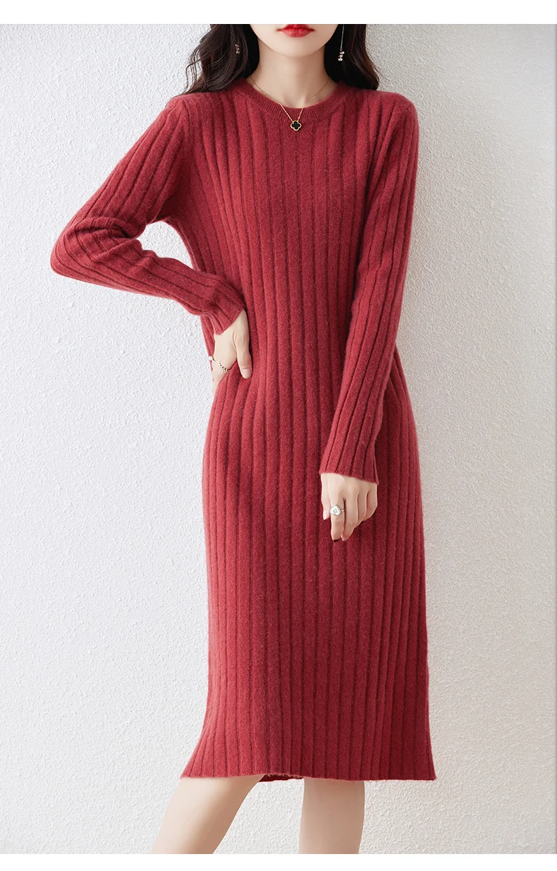 100% Pure Wool Knit Dress Women's Autumn And Winter Slim Knee-Length Dress Sweater Skirt With Bottoming Skirt