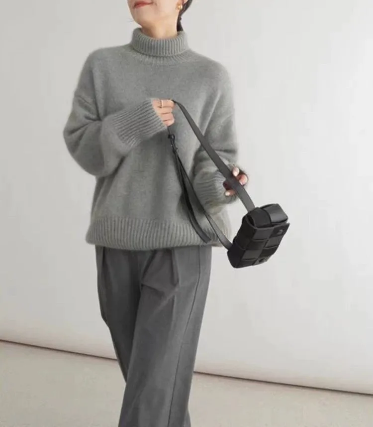 2023 autumn and winter turtleneck 100% pure cashmere women loose sweater thickened wool sweater cover lazy bottom