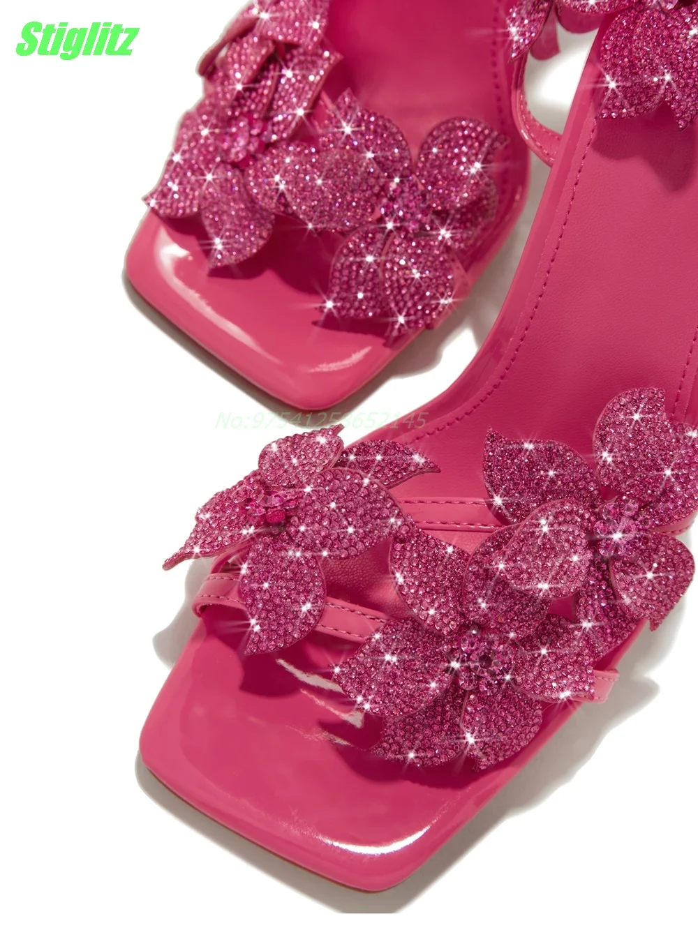 Flower Rhinestone Women Sandals Pink Square Toe Party Thin High Heel Strappy Summer Women Shoes New Arrival Buckle Strap 2024