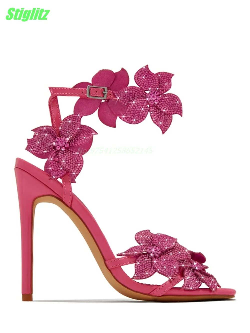 Flower Rhinestone Women Sandals Pink Square Toe Party Thin High Heel Strappy Summer Women Shoes New Arrival Buckle Strap 2024