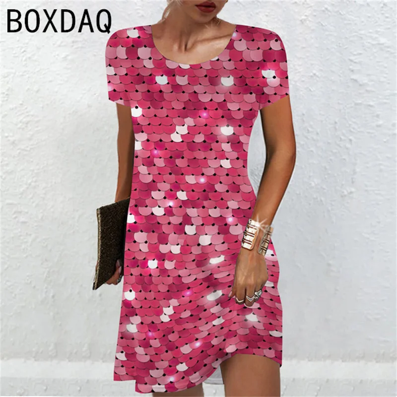 3D Colorful Fish Scales Print Dress Oversized Women Short Sleeve Casual Dress Female Loose A-Line Mini Dress Vestidos De Mujer
