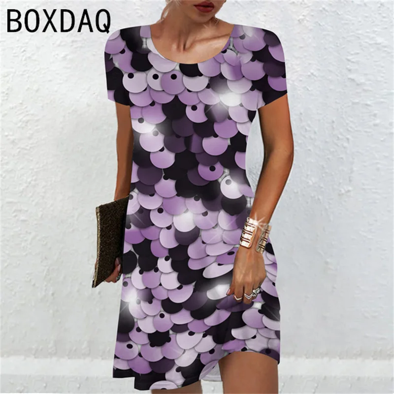 3D Colorful Fish Scales Print Dress Oversized Women Short Sleeve Casual Dress Female Loose A-Line Mini Dress Vestidos De Mujer