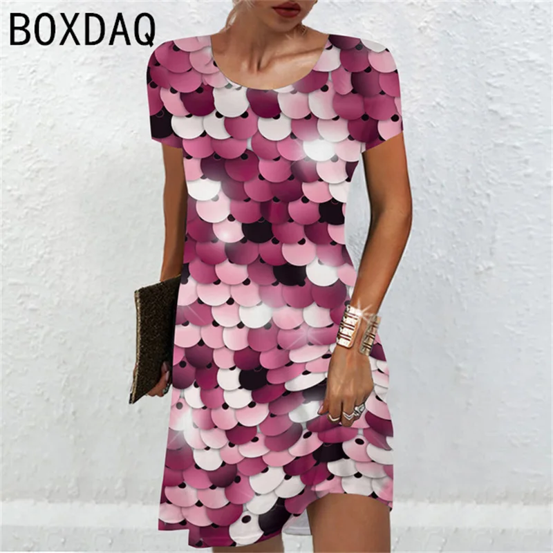 3D Colorful Fish Scales Print Dress Oversized Women Short Sleeve Casual Dress Female Loose A-Line Mini Dress Vestidos De Mujer