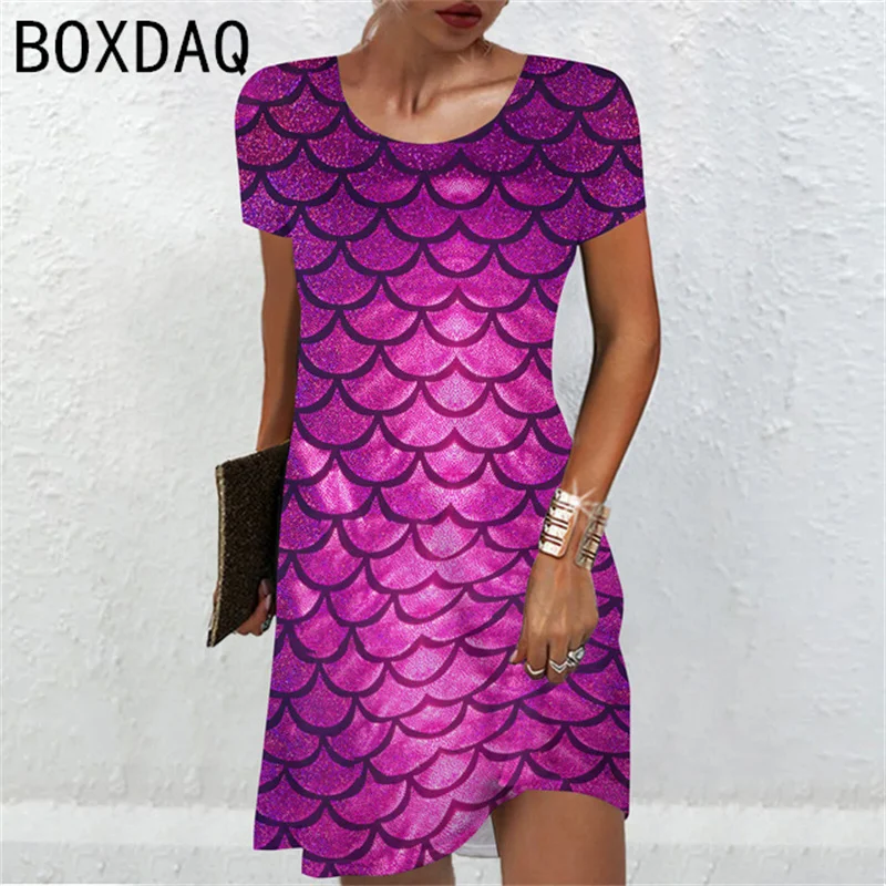 3D Colorful Fish Scales Print Dress Oversized Women Short Sleeve Casual Dress Female Loose A-Line Mini Dress Vestidos De Mujer