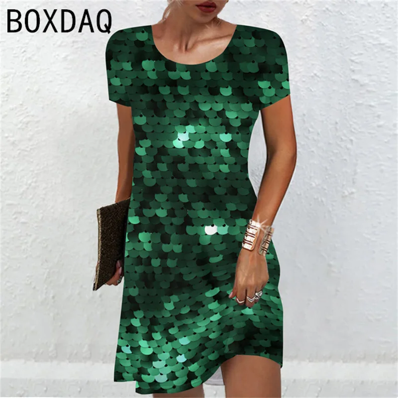 3D Colorful Fish Scales Print Dress Oversized Women Short Sleeve Casual Dress Female Loose A-Line Mini Dress Vestidos De Mujer