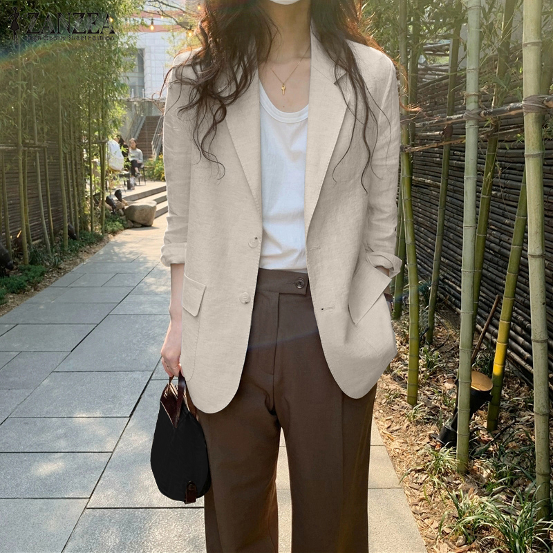 ZANZEA Women Elegant Cotton Jackets Suits Loose Vintage Work Coats Casual Outwear Autumn Laple Neck Long Sleeve Solid OL Blazer