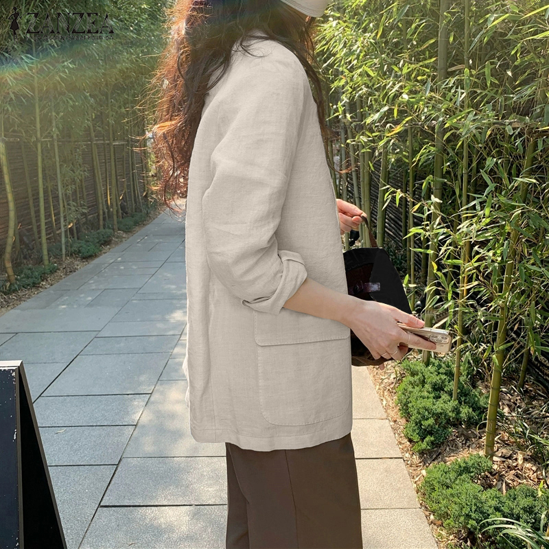 ZANZEA Women Elegant Cotton Jackets Suits Loose Vintage Work Coats Casual Outwear Autumn Laple Neck Long Sleeve Solid OL Blazer