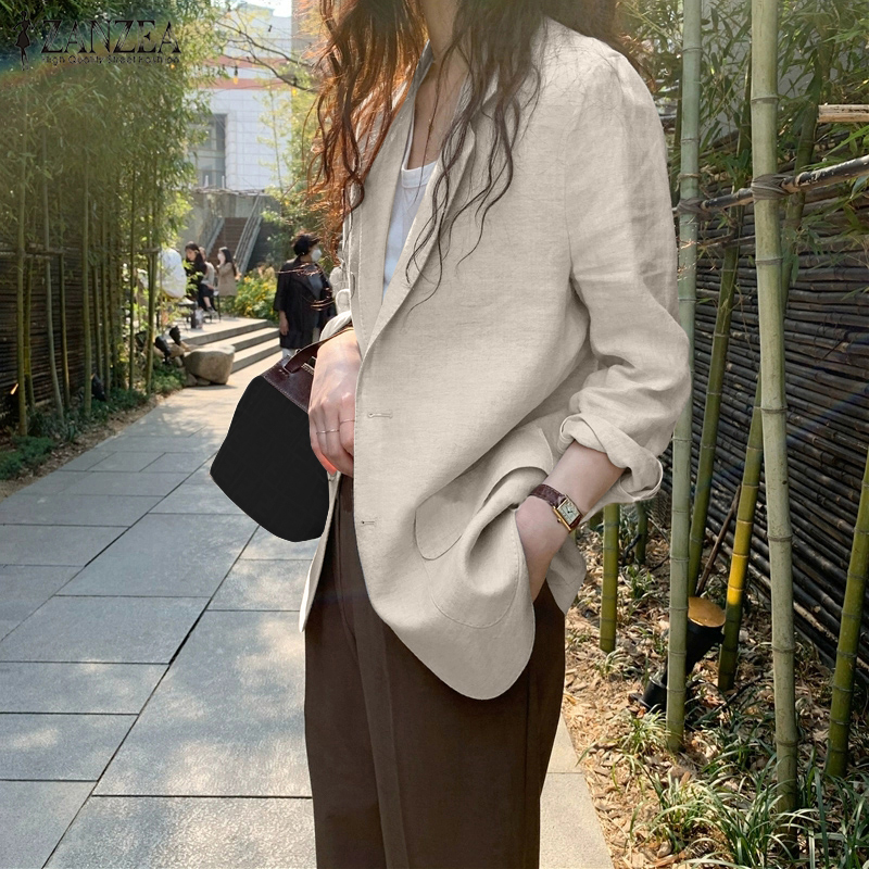 ZANZEA Women Elegant Cotton Jackets Suits Loose Vintage Work Coats Casual Outwear Autumn Laple Neck Long Sleeve Solid OL Blazer