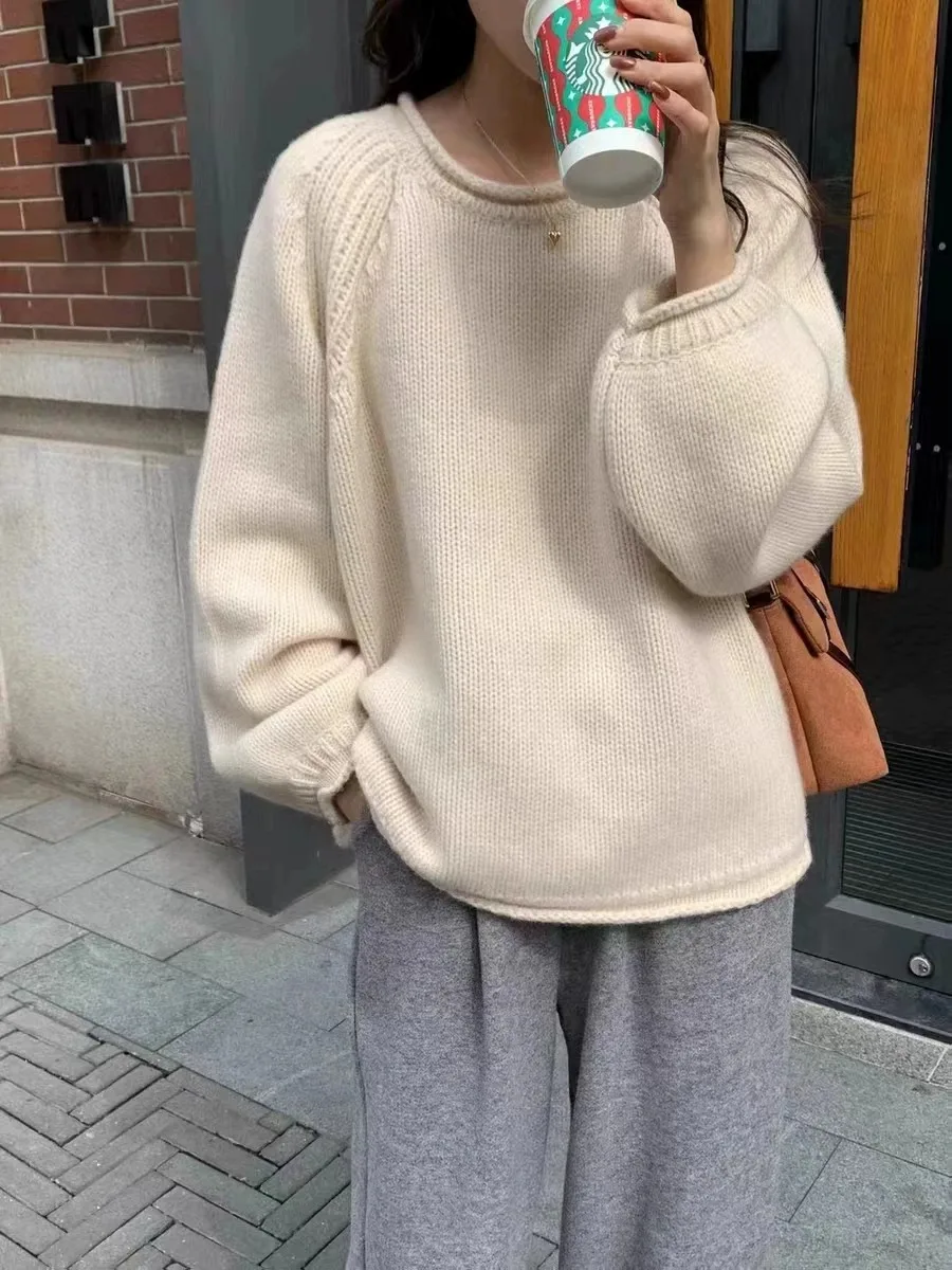 Autumn and winter new pure cashmere sweater for women with thick rolled edge round neck loose knit sweater bottoms