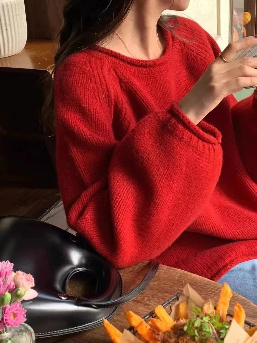 Autumn and winter new pure cashmere sweater for women with thick rolled edge round neck loose knit sweater bottoms