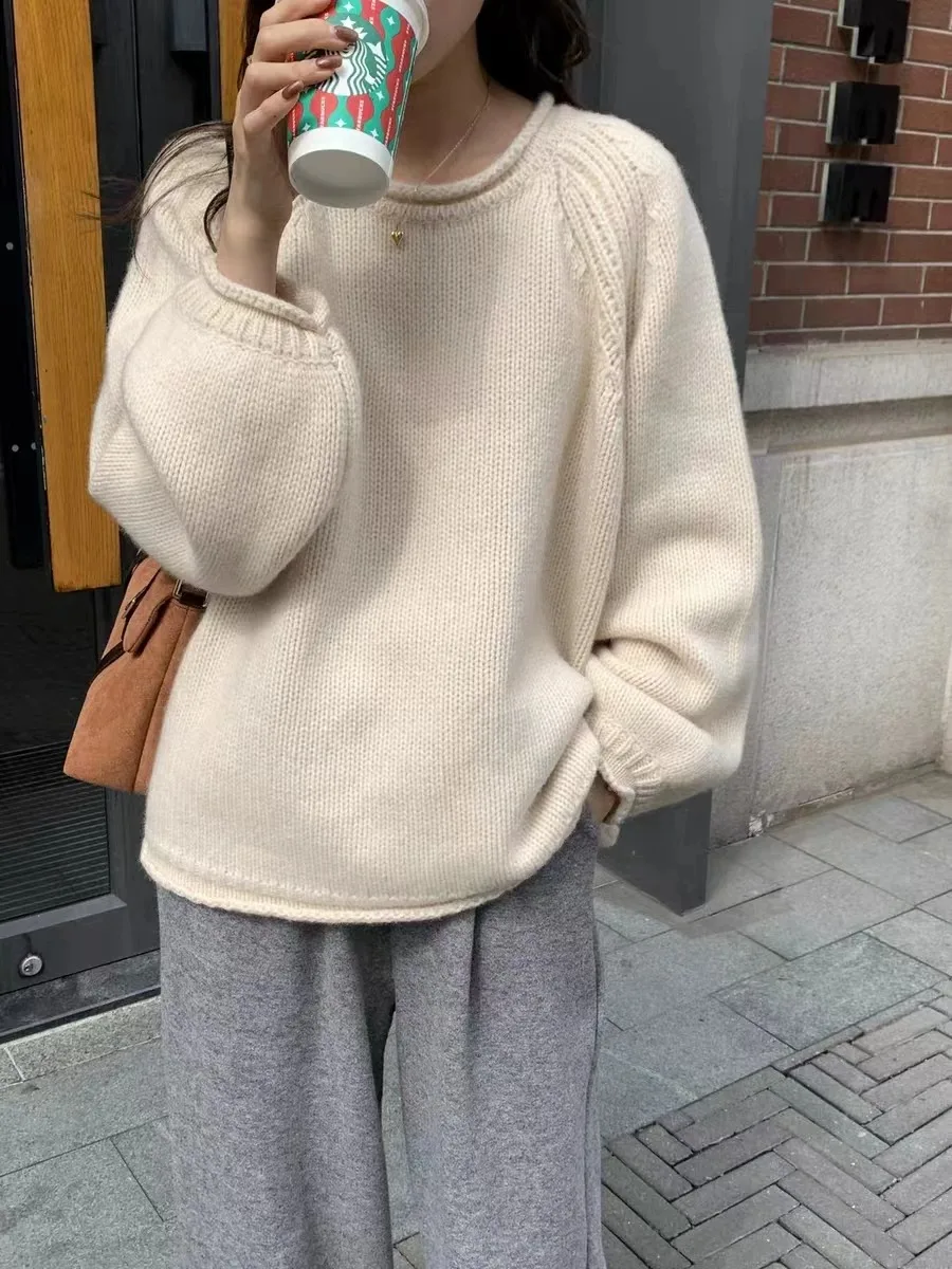 Autumn and winter new pure cashmere sweater for women with thick rolled edge round neck loose knit sweater bottoms