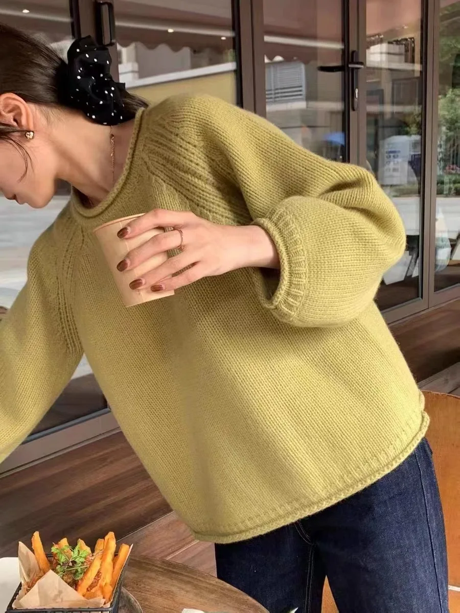 Autumn and winter new pure cashmere sweater for women with thick rolled edge round neck loose knit sweater bottoms