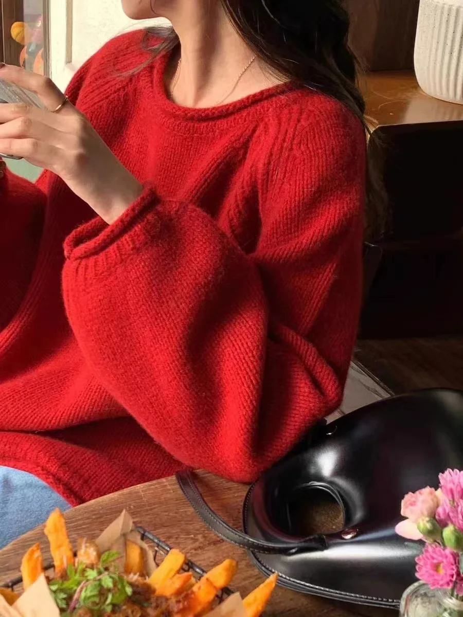 Autumn and winter new pure cashmere sweater for women with thick rolled edge round neck loose knit sweater bottoms