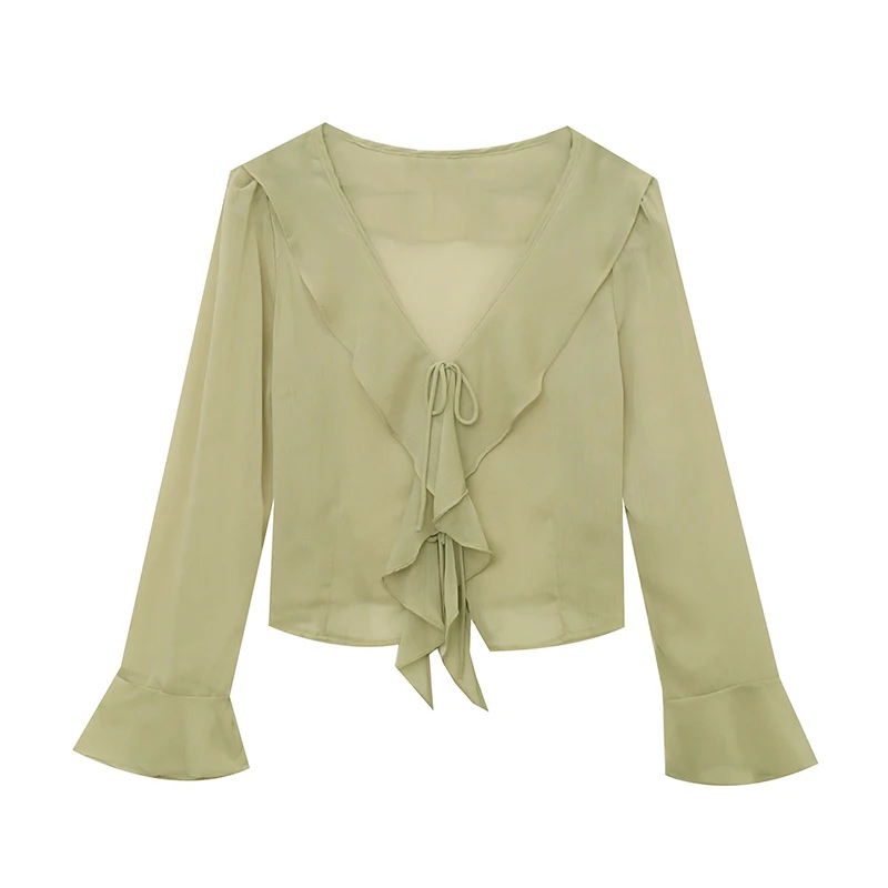 Winsleter Streetwear Clothes Chiffon Blouses Short Sleeve Shirts Ladies Sexy Ruffle V Necks Slim Thin Tops New T36918JM