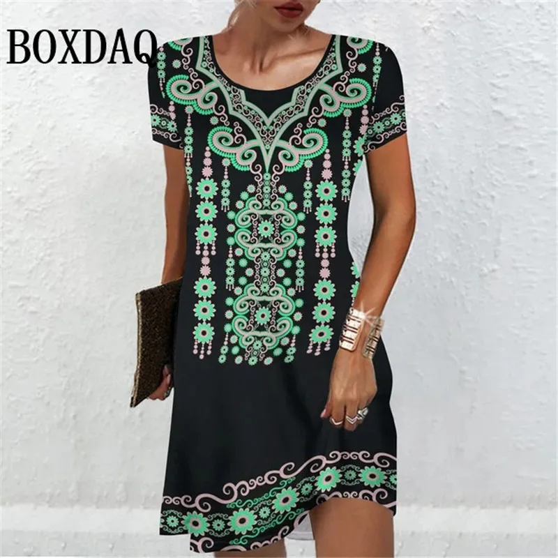 Women'S Short Sleeve Dresses Summer Women Clothing Vintage Flower Print Fashion A-Line Dress Casual Lady Loose Plus Size Dresses