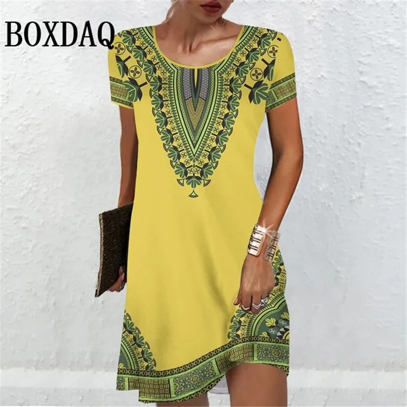 Women'S Short Sleeve Dresses Summer Women Clothing Vintage Flower Print Fashion A-Line Dress Casual Lady Loose Plus Size Dresses