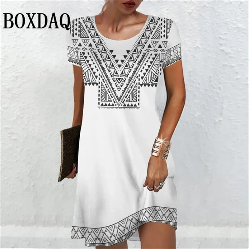 Women'S Short Sleeve Dresses Summer Women Clothing Vintage Flower Print Fashion A-Line Dress Casual Lady Loose Plus Size Dresses