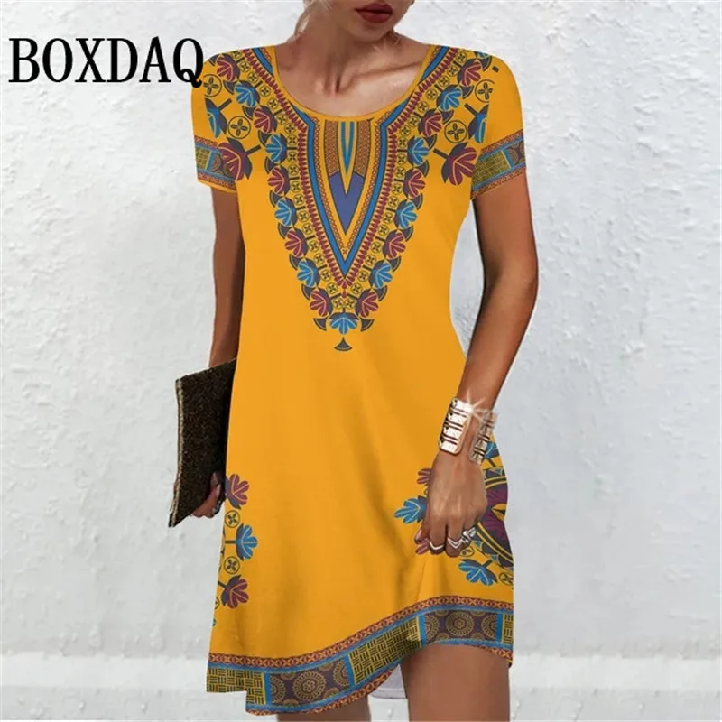 Women'S Short Sleeve Dresses Summer Women Clothing Vintage Flower Print Fashion A-Line Dress Casual Lady Loose Plus Size Dresses