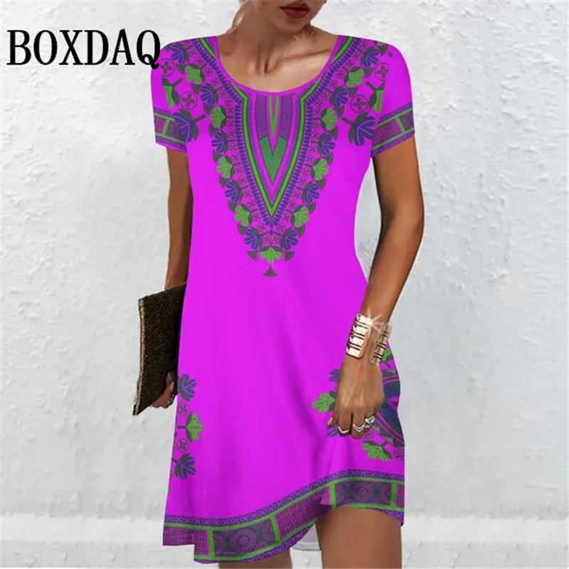 Women'S Short Sleeve Dresses Summer Women Clothing Vintage Flower Print Fashion A-Line Dress Casual Lady Loose Plus Size Dresses