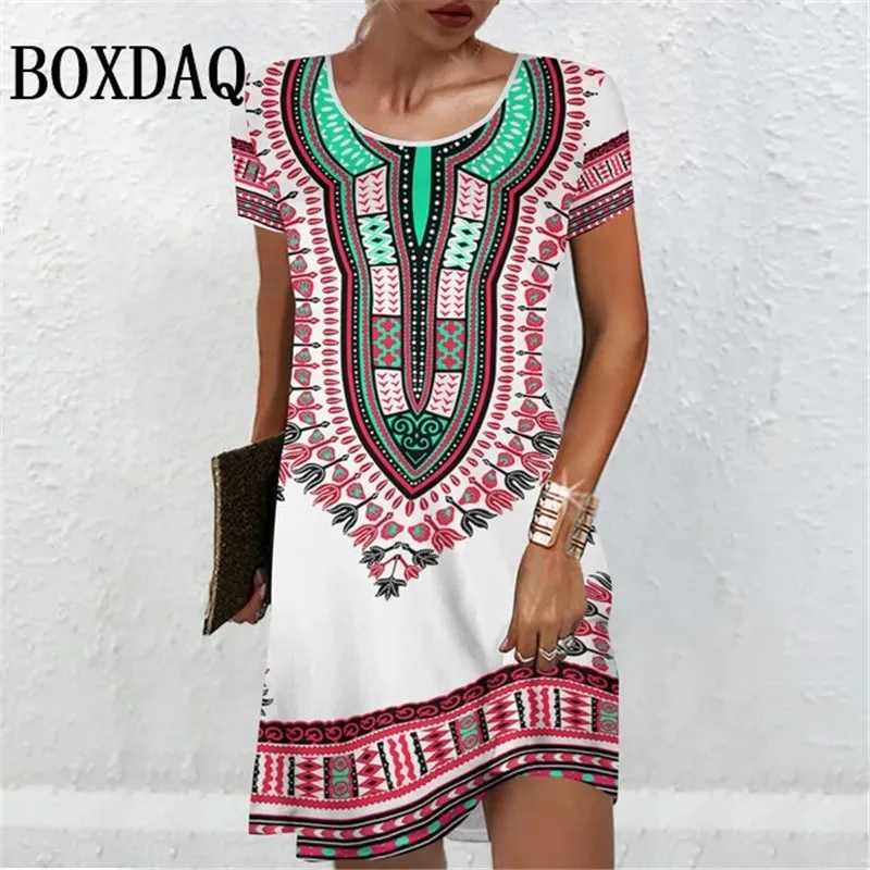 Women'S Short Sleeve Dresses Summer Women Clothing Vintage Flower Print Fashion A-Line Dress Casual Lady Loose Plus Size Dresses