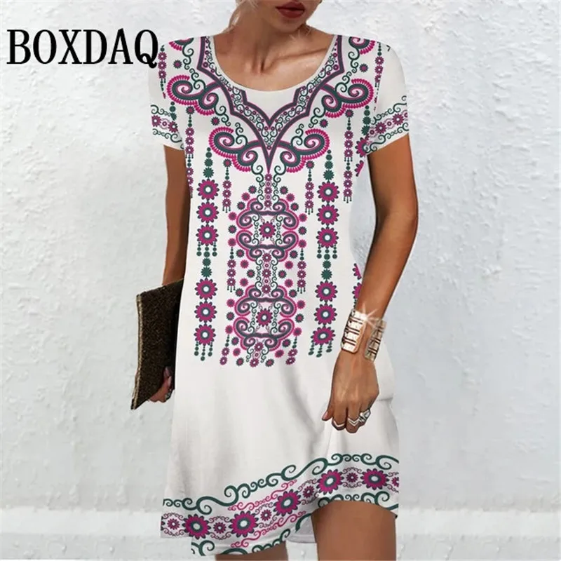 Women'S Short Sleeve Dresses Summer Women Clothing Vintage Flower Print Fashion A-Line Dress Casual Lady Loose Plus Size Dresses