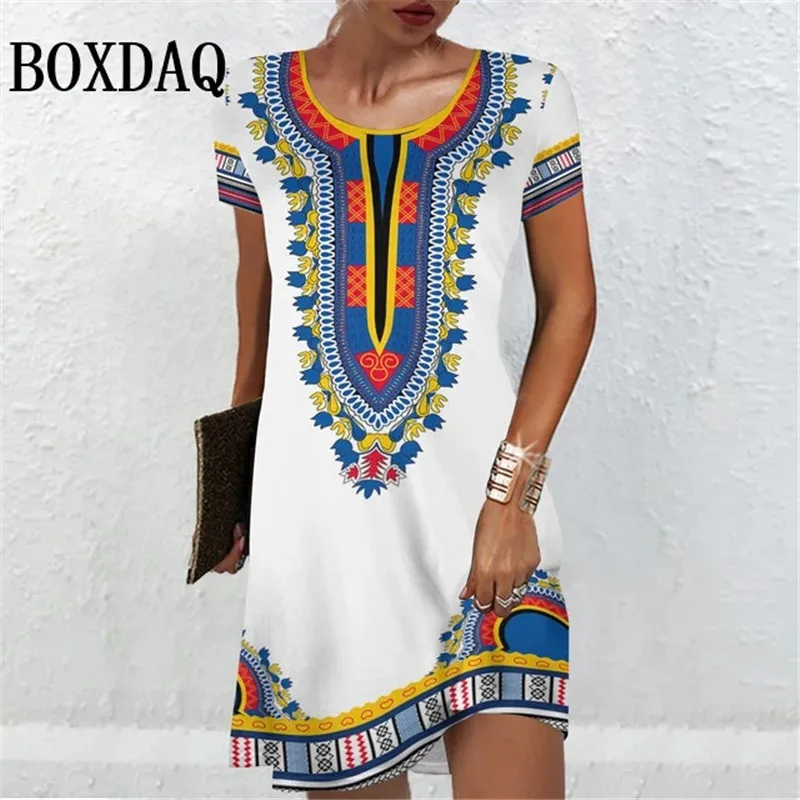 Women'S Short Sleeve Dresses Summer Women Clothing Vintage Flower Print Fashion A-Line Dress Casual Lady Loose Plus Size Dresses