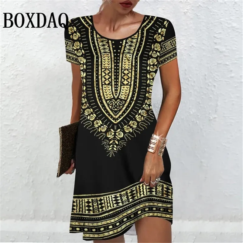 Women'S Short Sleeve Dresses Summer Women Clothing Vintage Flower Print Fashion A-Line Dress Casual Lady Loose Plus Size Dresses