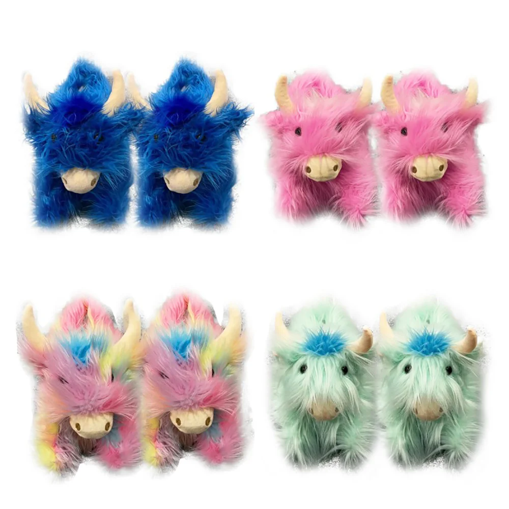 Highland Cow Plush Slippers Winter Fashion Colourful Fluffy Cattle Shoes Soft Warm Indoor Cartoon Furry Slides for Women Men
