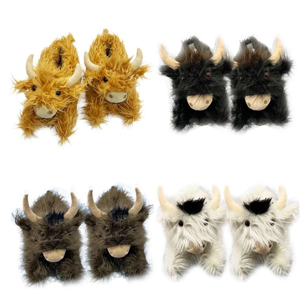 Highland Cow Plush Slippers Winter Fashion Colourful Fluffy Cattle Shoes Soft Warm Indoor Cartoon Furry Slides for Women Men