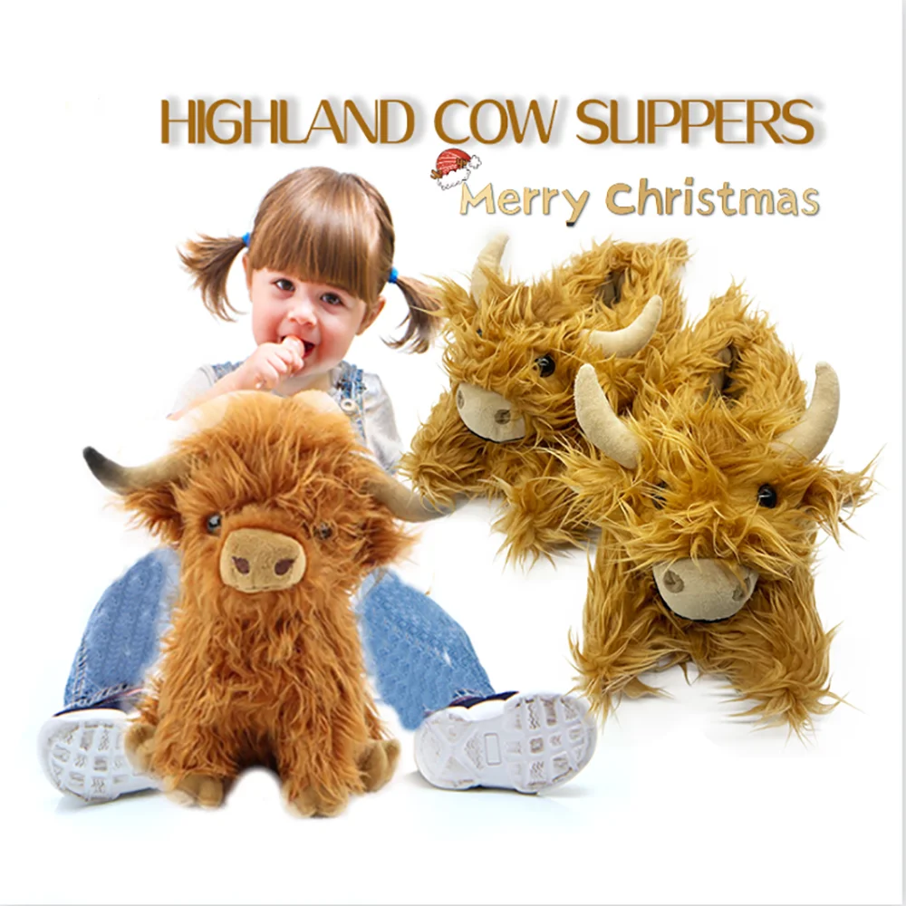 Highland Cow Plush Slippers Winter Fashion Colourful Fluffy Cattle Shoes Soft Warm Indoor Cartoon Furry Slides for Women Men