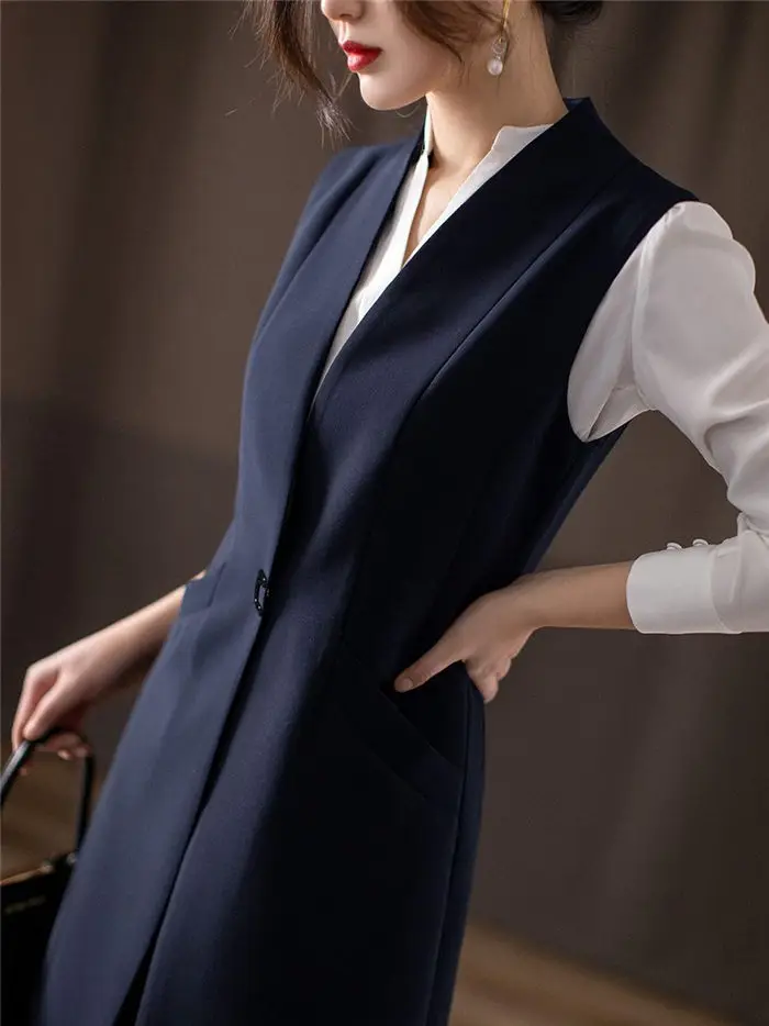 2024 Women's Casual Black Vest Women Clothing Spring Autumn Sleeveless Blazer Jacket Medium And Long Slim Female Waistcoat