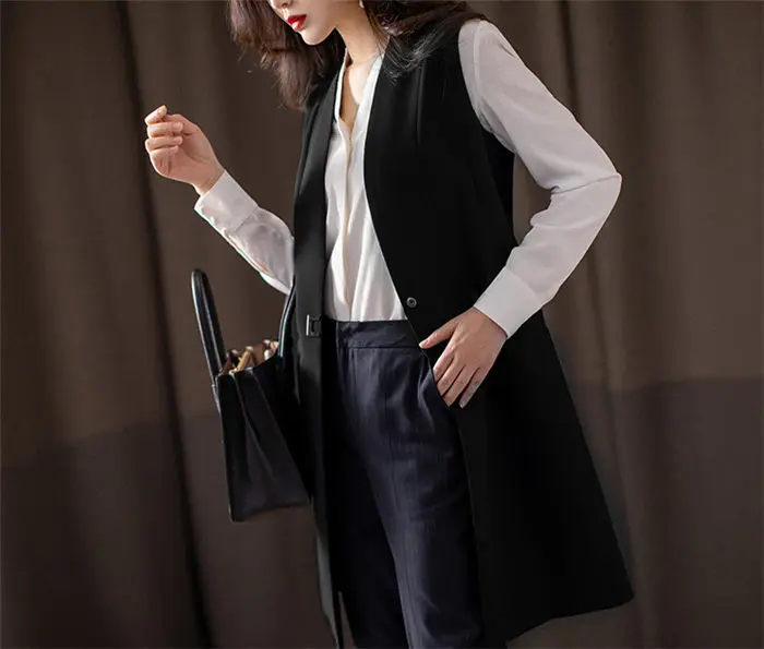 2024 Women's Casual Black Vest Women Clothing Spring Autumn Sleeveless Blazer Jacket Medium And Long Slim Female Waistcoat