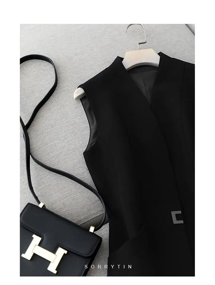 2024 Women's Casual Black Vest Women Clothing Spring Autumn Sleeveless Blazer Jacket Medium And Long Slim Female Waistcoat