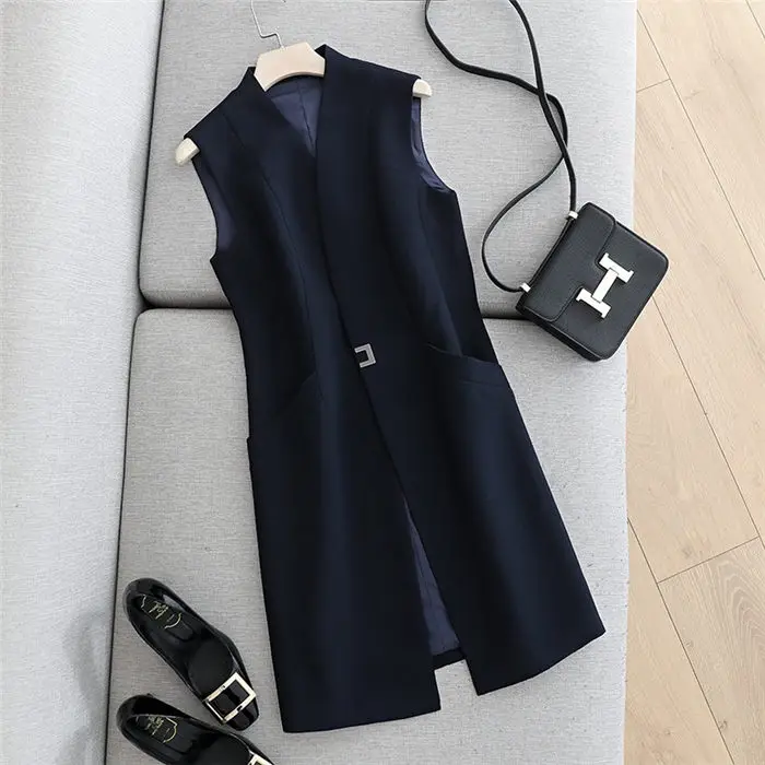 2024 Women's Casual Black Vest Women Clothing Spring Autumn Sleeveless Blazer Jacket Medium And Long Slim Female Waistcoat