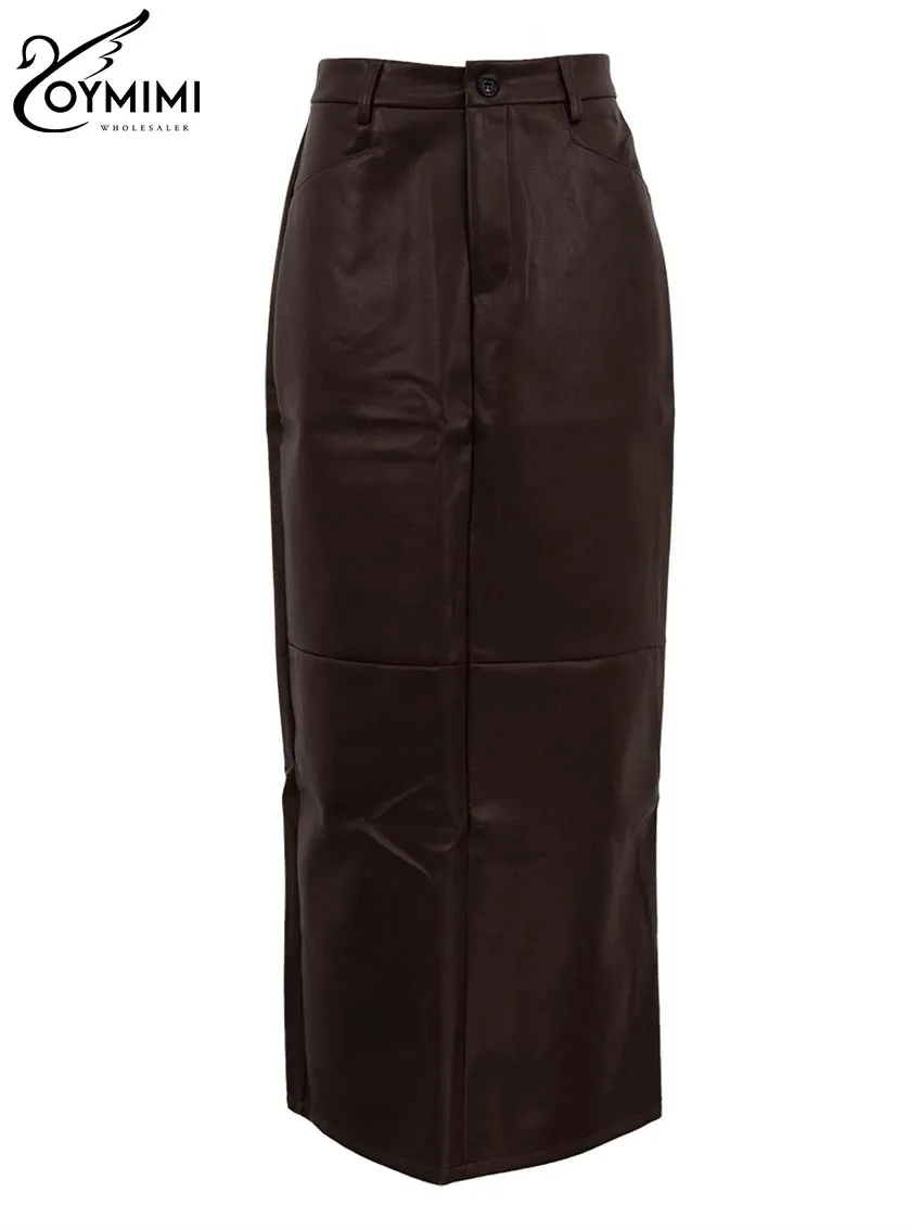 Oymimi Vintage Brown Pu Leather Skirts For Woman Elegant High Waisted Straight Skirts Casual Simple Ankle-Length Skirt Female