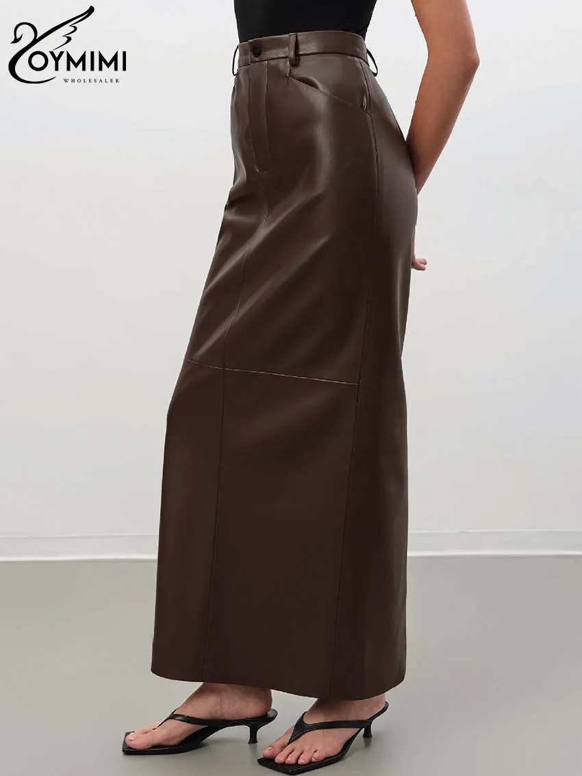 Oymimi Vintage Brown Pu Leather Skirts For Woman Elegant High Waisted Straight Skirts Casual Simple Ankle-Length Skirt Female