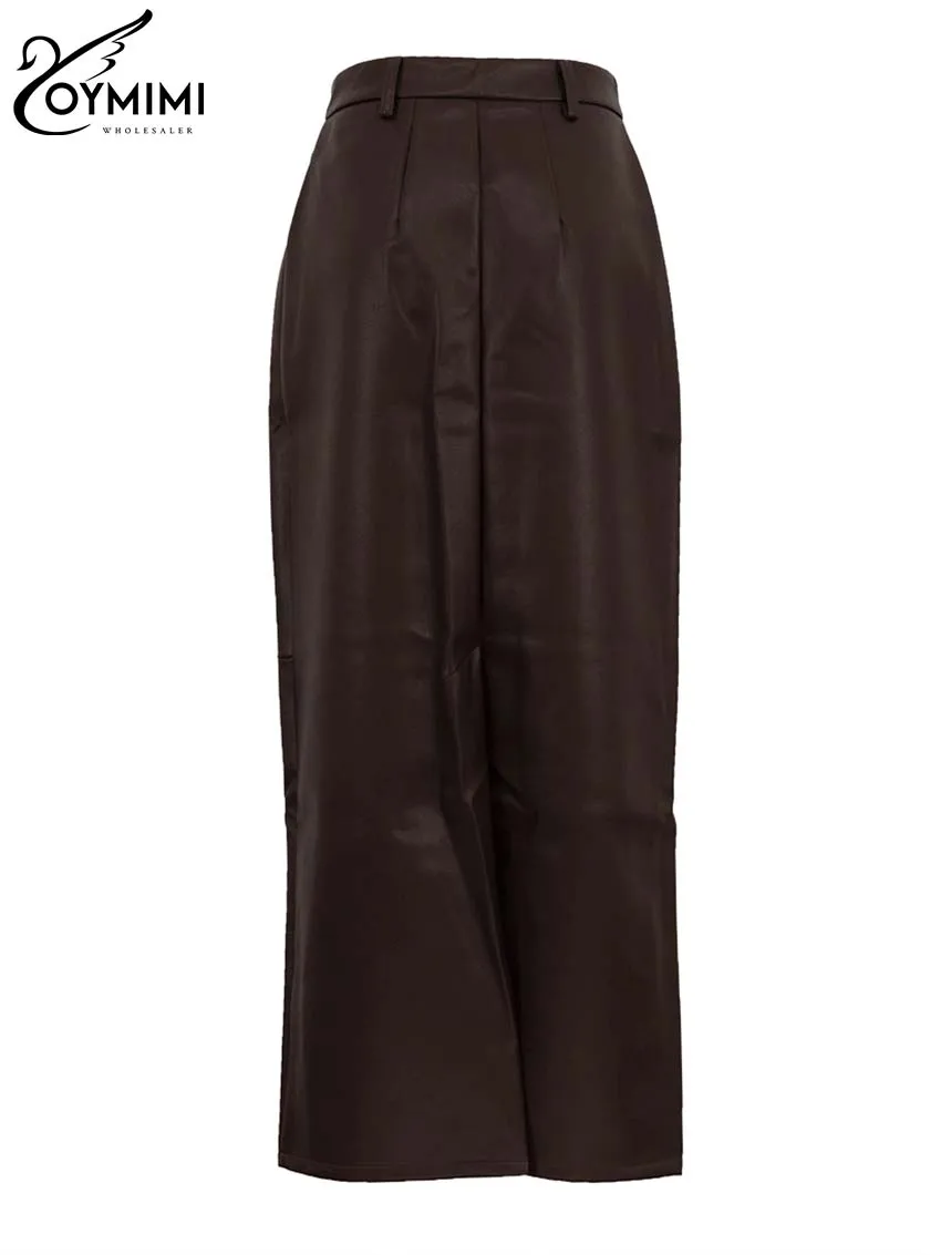 Oymimi Vintage Brown Pu Leather Skirts For Woman Elegant High Waisted Straight Skirts Casual Simple Ankle-Length Skirt Female