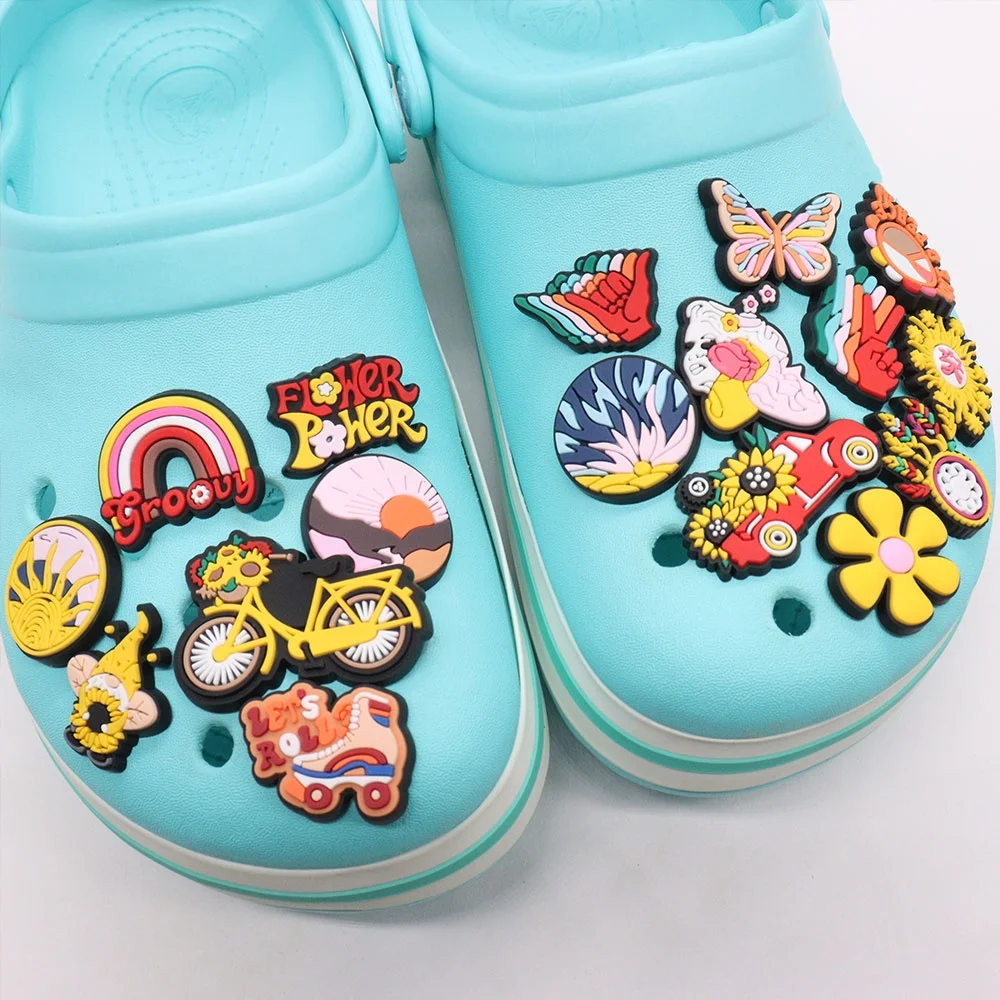 Good Quality 1-17pcs PVC Shoe Charms Sunflower Flowers Sunset Bicycle PVC Accessories Sandals Ornaments For Children DIY Present