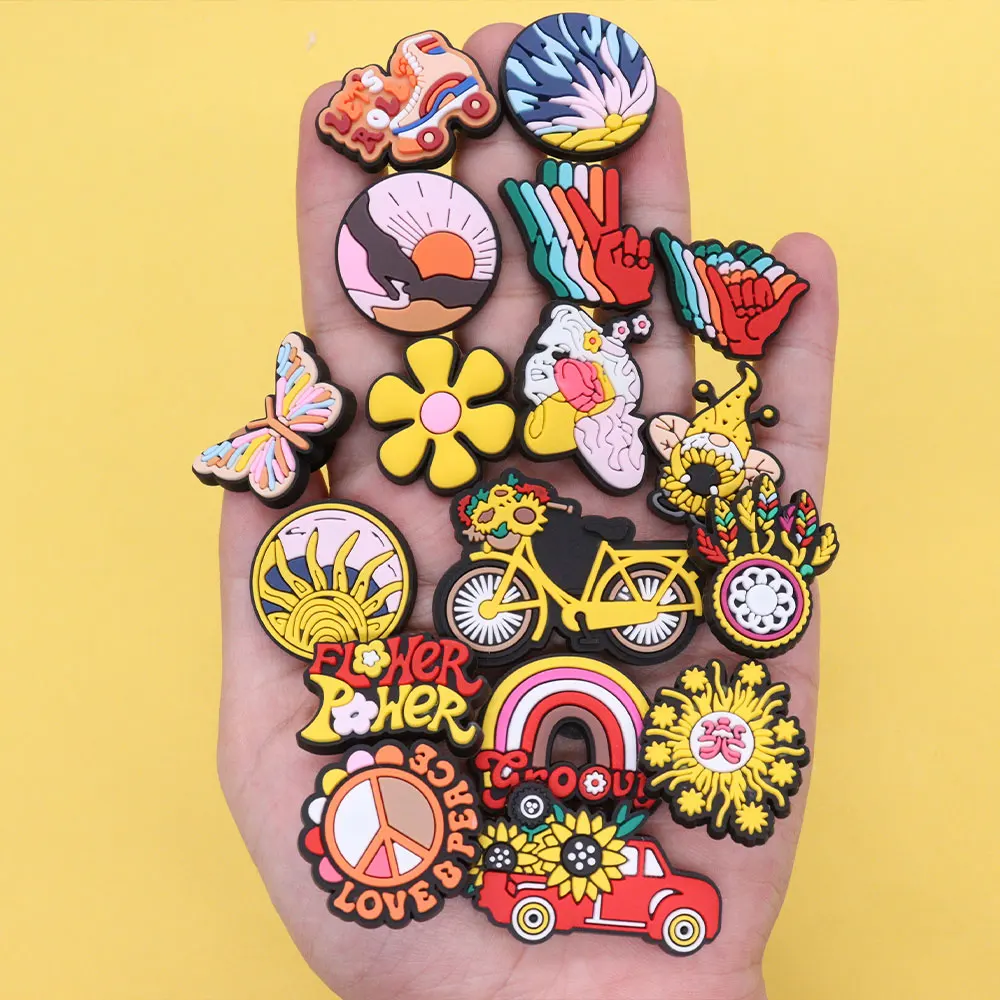 Good Quality 1-17pcs PVC Shoe Charms Sunflower Flowers Sunset Bicycle PVC Accessories Sandals Ornaments For Children DIY Present