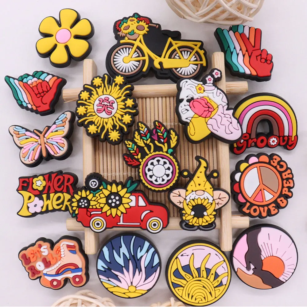 Good Quality 1-17pcs PVC Shoe Charms Sunflower Flowers Sunset Bicycle PVC Accessories Sandals Ornaments For Children DIY Present