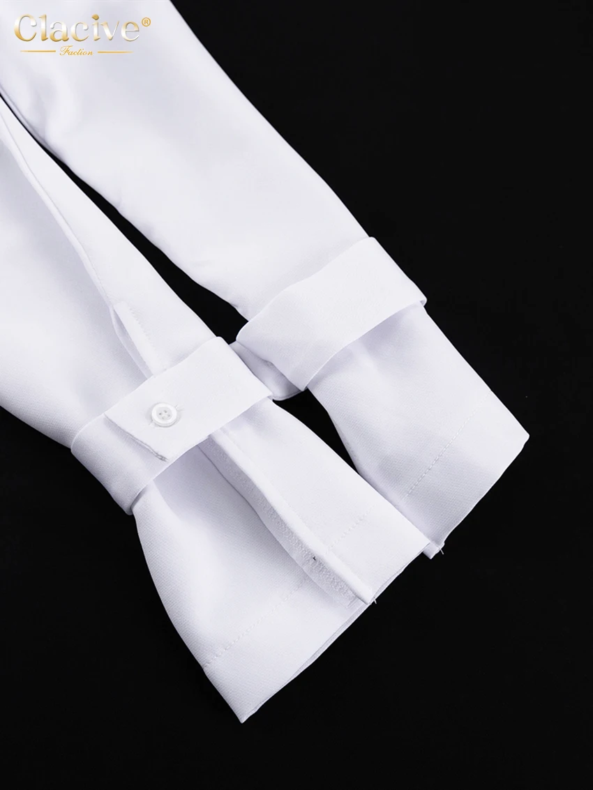 Clacive Fashion Slim White Office Dress Casual Lapel Long Sleeve Ankle Length Dress Elegant Classic Slit Dresses For Women 2024