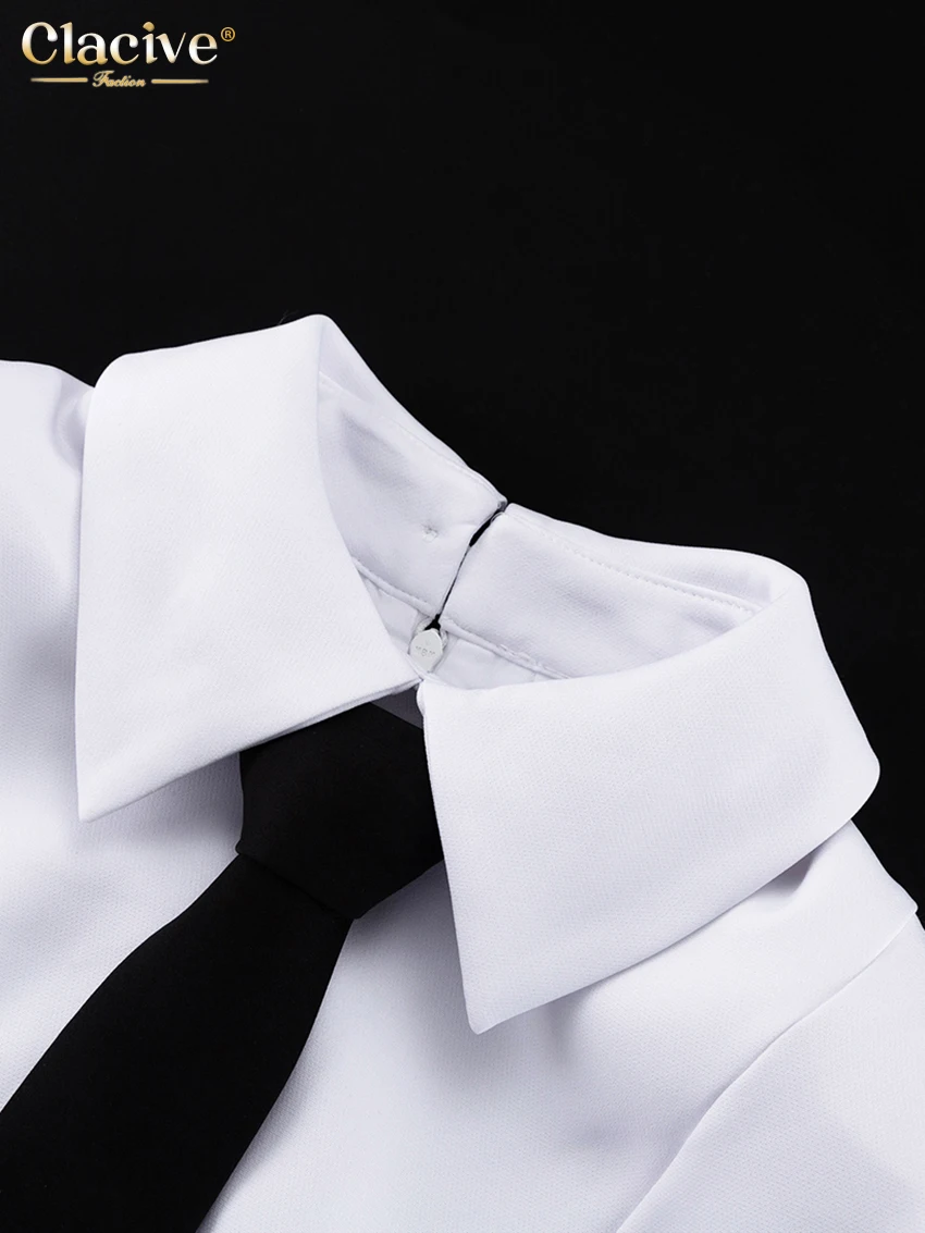 Clacive Fashion Slim White Office Dress Casual Lapel Long Sleeve Ankle Length Dress Elegant Classic Slit Dresses For Women 2024