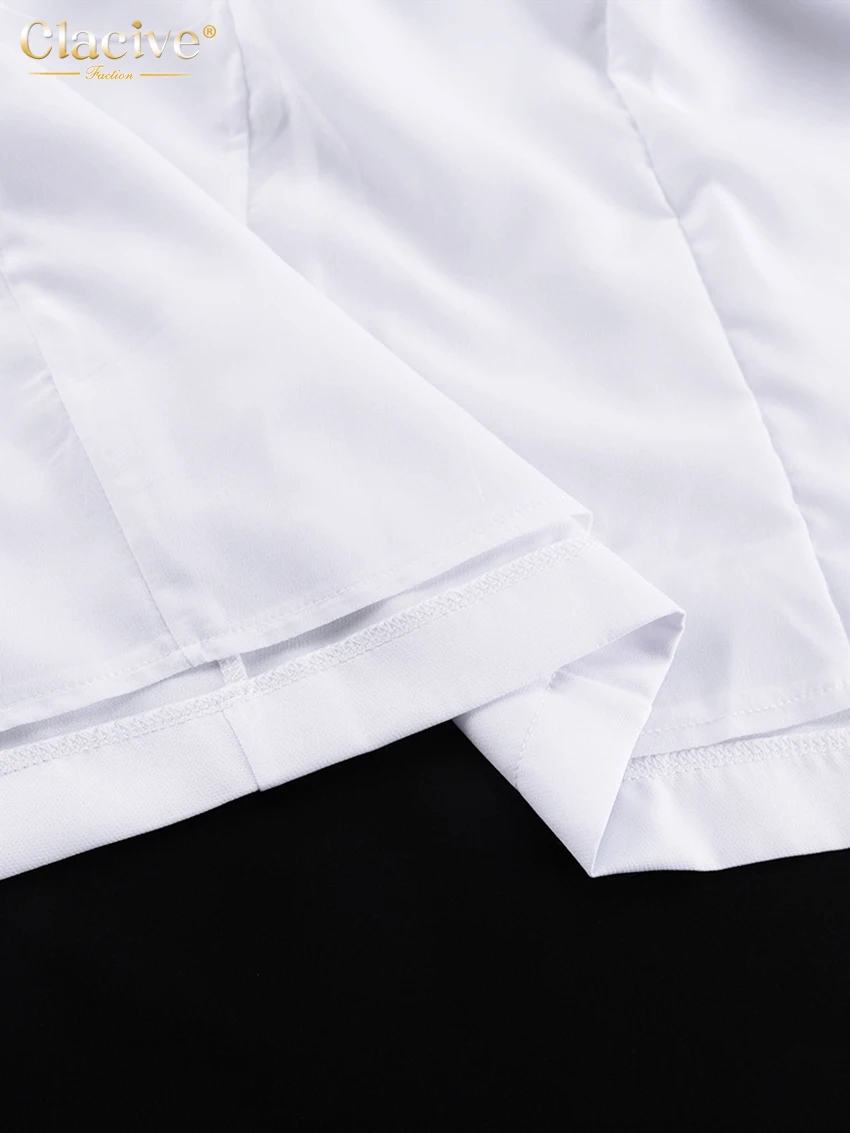Clacive Fashion Slim White Office Dress Casual Lapel Long Sleeve Ankle Length Dress Elegant Classic Slit Dresses For Women 2024