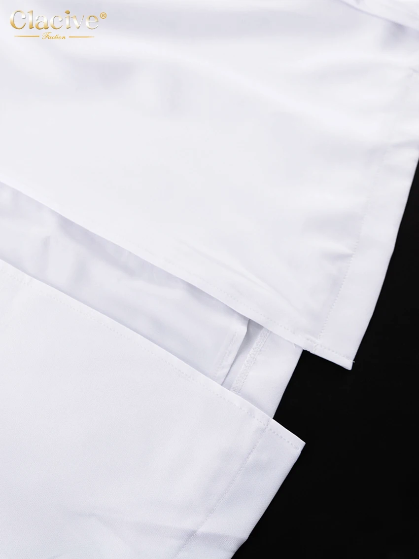Clacive Fashion Slim White Office Dress Casual Lapel Long Sleeve Ankle Length Dress Elegant Classic Slit Dresses For Women 2024