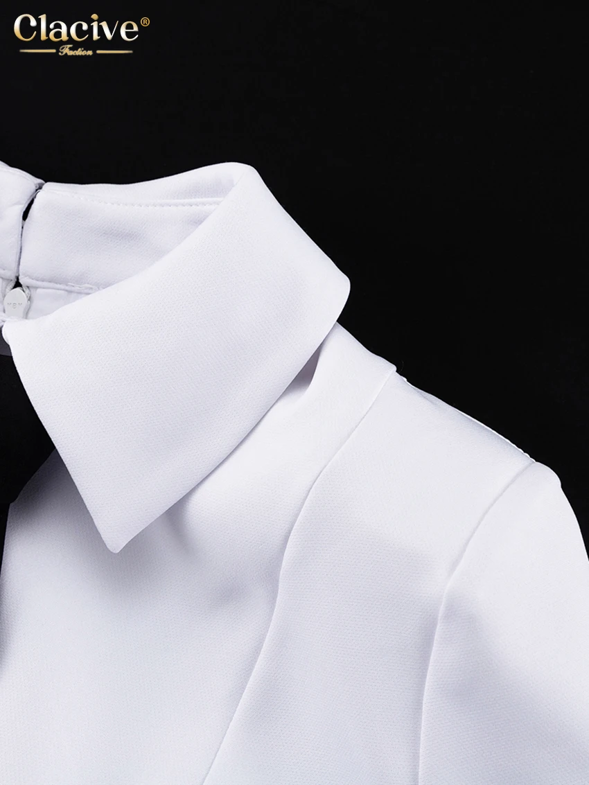 Clacive Fashion Slim White Office Dress Casual Lapel Long Sleeve Ankle Length Dress Elegant Classic Slit Dresses For Women 2024