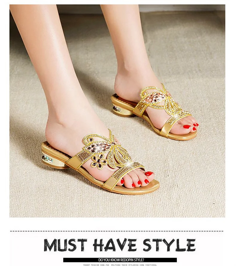 Summer Fashion Diamond Sandals Women's Crystal Mid Heel Butterfly Slippers Glitter Rhinestone Outdoor Anti-slip Beach Shoes