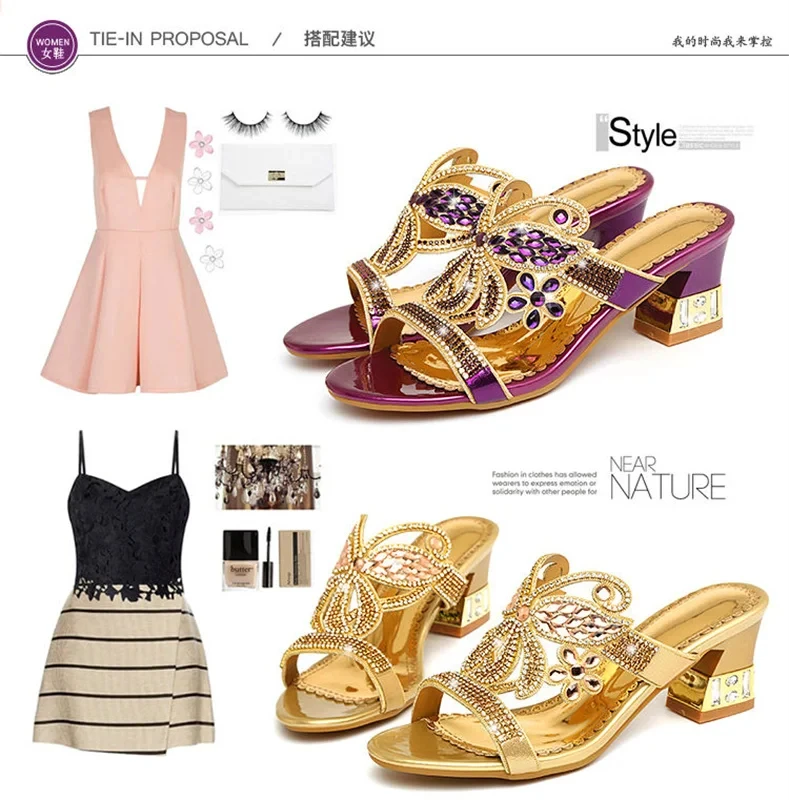 Summer Fashion Diamond Sandals Women's Crystal Mid Heel Butterfly Slippers Glitter Rhinestone Outdoor Anti-slip Beach Shoes